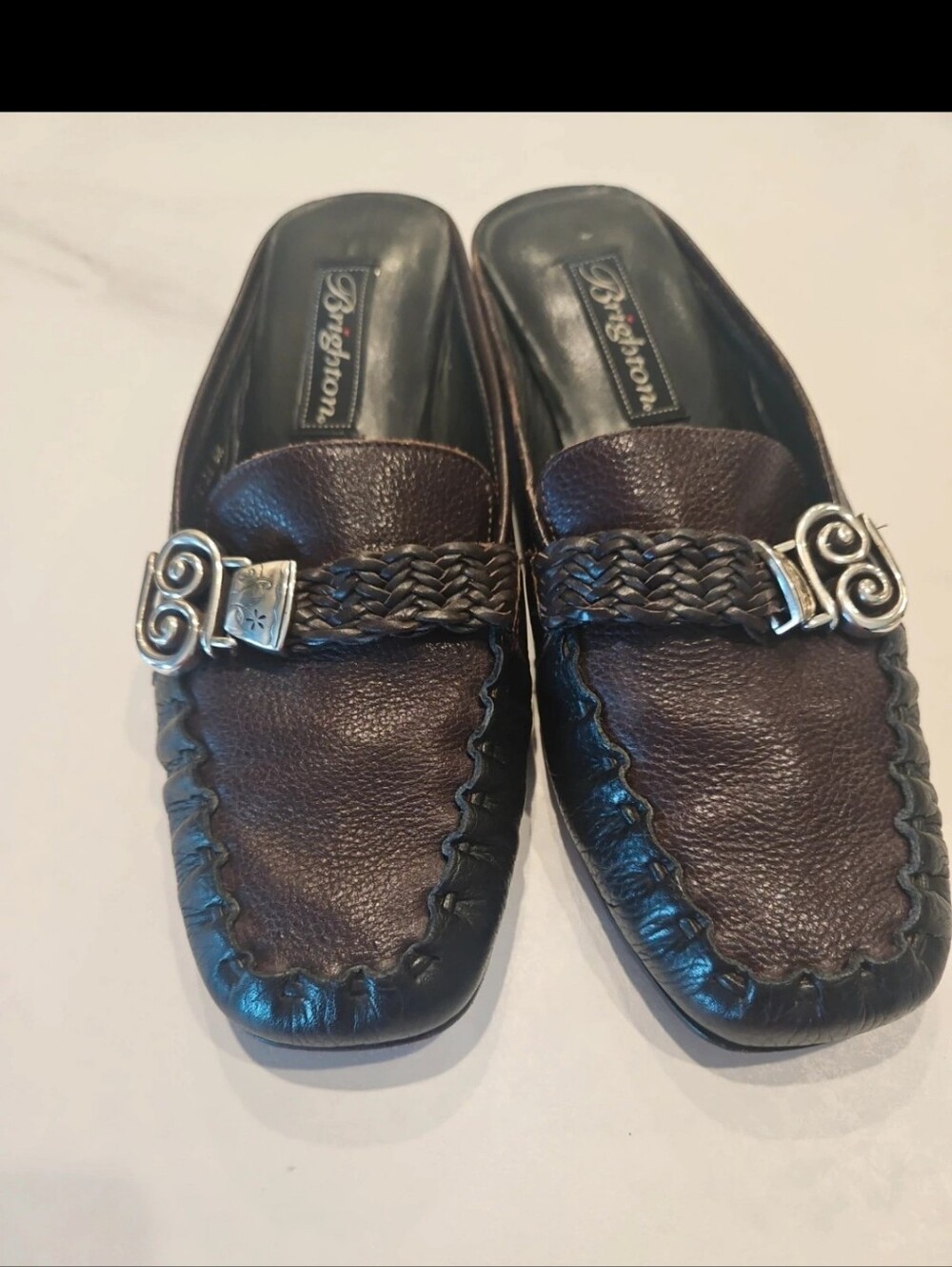 Brighton Brown Braided Leather Slip-On Mules with Silver Scroll Accent, Size 6